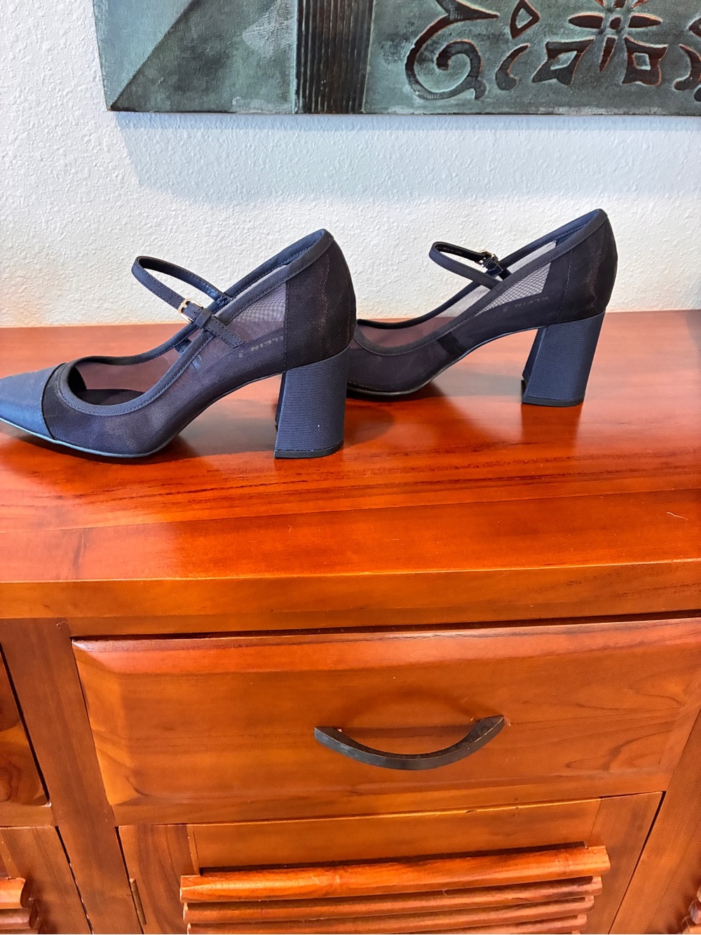Anne Klein Mesh / Silk Navy Blue Mary Jane Block Heel Pumps - Picture 4 of 4